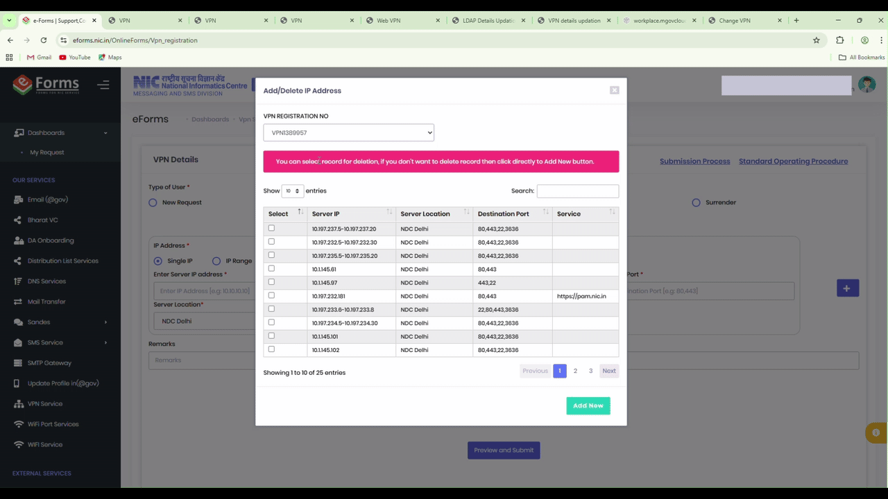 Screenshot of existing server list highlighting Add New button